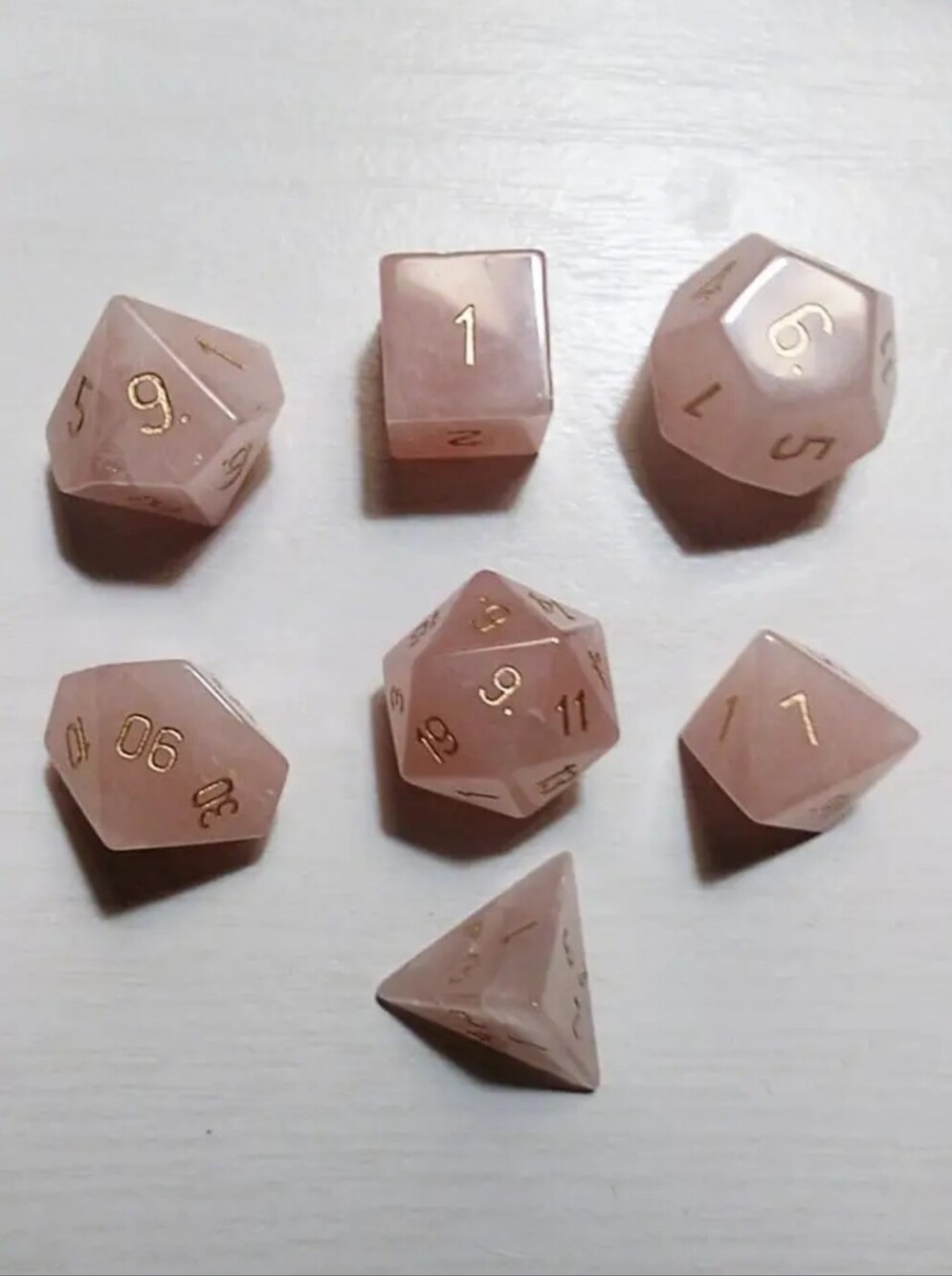 Rose Quartz RPG Polyhedral Dice Set - Pale Pink with Gold Numbers